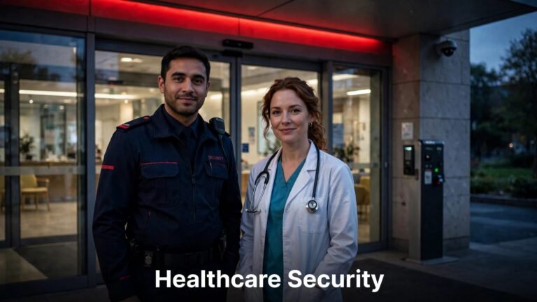 A security officer and clinician stand outside a hospital entrance at dusk.