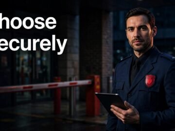 Security officer holding a tablet at a guarded entrance.