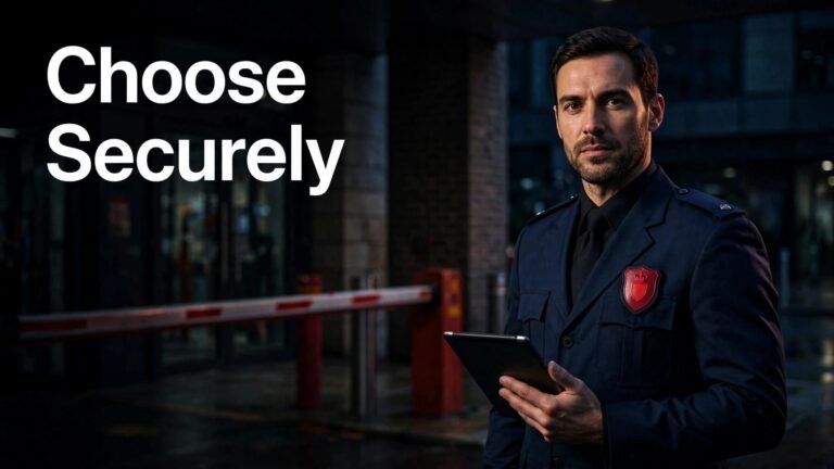 Security officer holding a tablet at a guarded entrance.