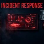 A security control room with red alerts, cameras, server racks, and an emergency phone.