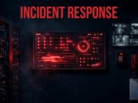 A security control room with red alerts, cameras, server racks, and an emergency phone.