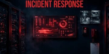 A security control room with red alerts, cameras, server racks, and an emergency phone.