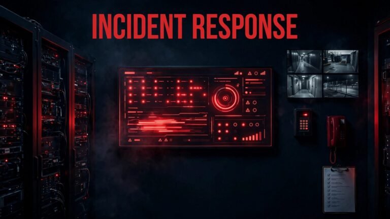 A security control room with red alerts, cameras, server racks, and an emergency phone.