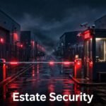 A secure industrial estate entrance with a barrier gate, CCTV cameras, and warehouse buildings at night.