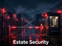 A secure industrial estate entrance with a barrier gate, CCTV cameras, and warehouse buildings at night.
