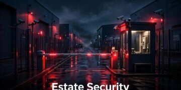 A secure industrial estate entrance with a barrier gate, CCTV cameras, and warehouse buildings at night.
