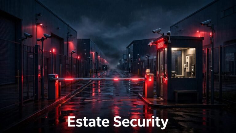 A secure industrial estate entrance with a barrier gate, CCTV cameras, and warehouse buildings at night.