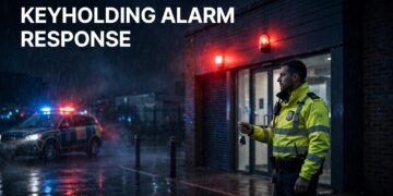 Security officer with keys outside a business at night under red alarm lights.
