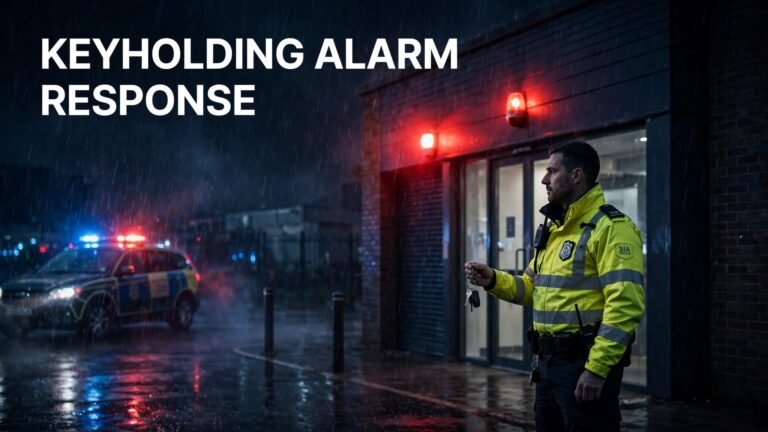 Security officer with keys outside a business at night under red alarm lights.