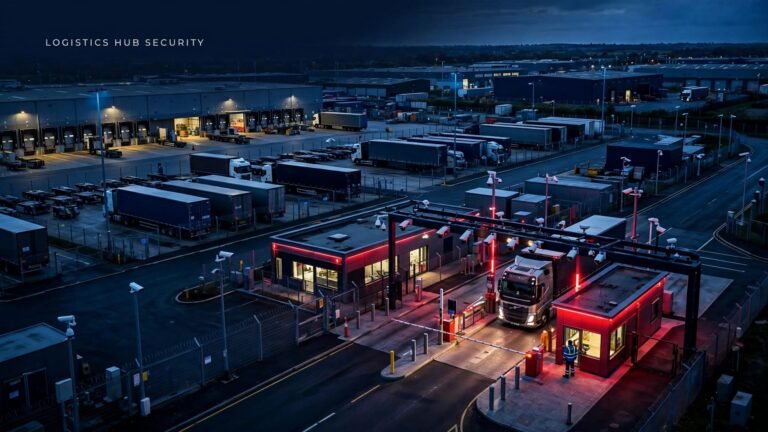 A guarded truck checkpoint at a secure logistics hub with lorries, fencing, and surveillance cameras.