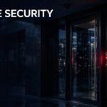 Secure glass office door with a red card reader and CCTV camera at dusk.