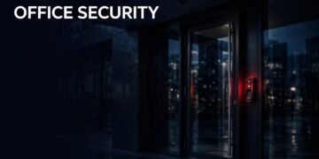 Secure glass office door with a red card reader and CCTV camera at dusk.
