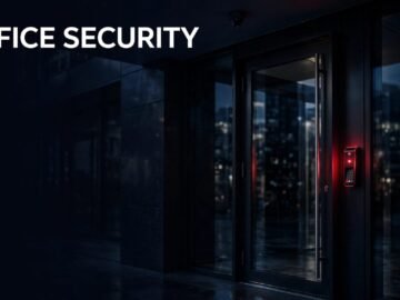 Secure glass office door with a red card reader and CCTV camera at dusk.