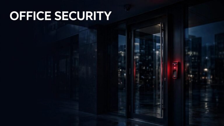 Secure glass office door with a red card reader and CCTV camera at dusk.