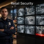 Security officer standing in a store aisle beside CCTV screens.