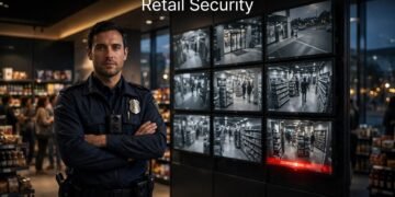 Security officer standing in a store aisle beside CCTV screens.