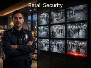 Security officer standing in a store aisle beside CCTV screens.
