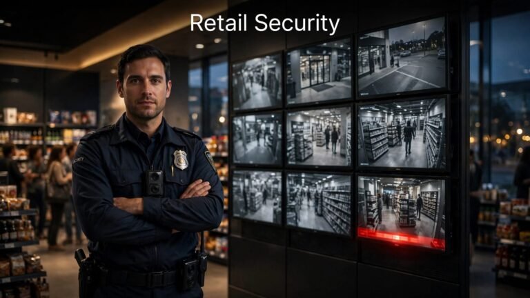 Security officer standing in a store aisle beside CCTV screens.