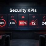 A security control room with a glowing dashboard showing patrol, response, coverage, and incident metrics.