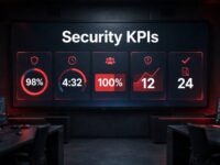 A security control room with a glowing dashboard showing patrol, response, coverage, and incident metrics.