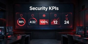 A security control room with a glowing dashboard showing patrol, response, coverage, and incident metrics.