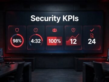 A security control room with a glowing dashboard showing patrol, response, coverage, and incident metrics.