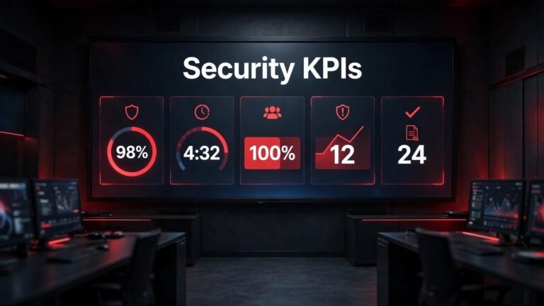 A security control room with a glowing dashboard showing patrol, response, coverage, and incident metrics.