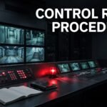 Empty security console with CCTV screens, radio, logbook, and red warning light.