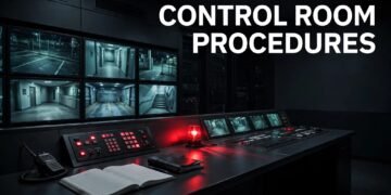 Empty security console with CCTV screens, radio, logbook, and red warning light.