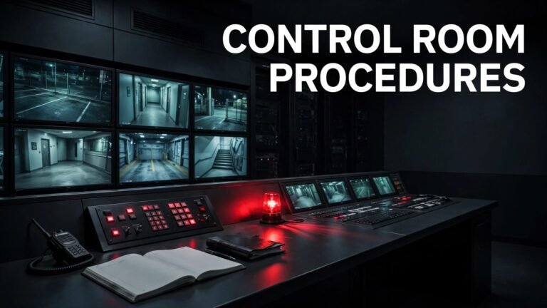 Empty security console with CCTV screens, radio, logbook, and red warning light.