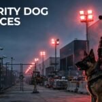 A security dog and handler patrol a fenced construction site at dusk.