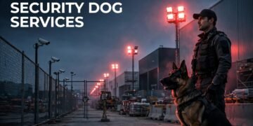 A security dog and handler patrol a fenced construction site at dusk.