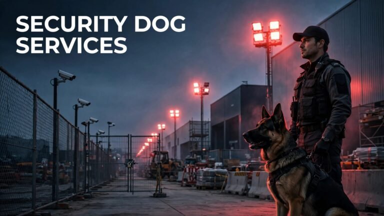 A security dog and handler patrol a fenced construction site at dusk.