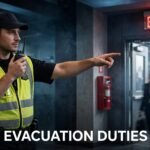 A security guard directs people toward an illuminated emergency exit.
