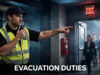 A security guard directs people toward an illuminated emergency exit.