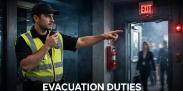 A security guard directs people toward an illuminated emergency exit.