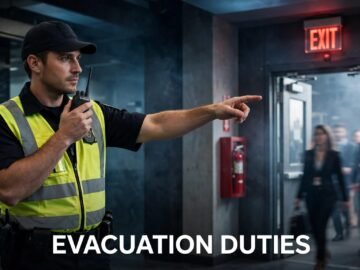 A security guard directs people toward an illuminated emergency exit.