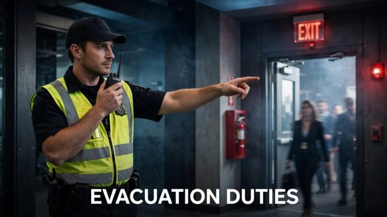 A security guard directs people toward an illuminated emergency exit.