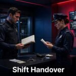 Two security guards review handover notes beside a desk with CCTV monitors.