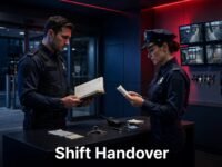 Two security guards review handover notes beside a desk with CCTV monitors.
