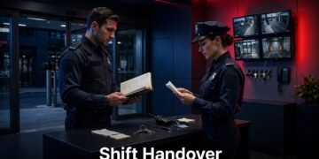 Two security guards review handover notes beside a desk with CCTV monitors.