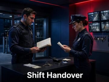 Two security guards review handover notes beside a desk with CCTV monitors.