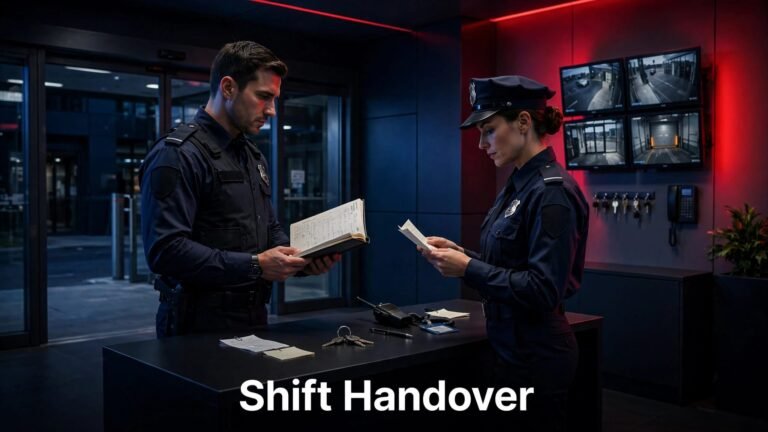 Two security guards review handover notes beside a desk with CCTV monitors.