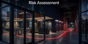 Modern office lobby with turnstiles, elevators, and a red access-control line.