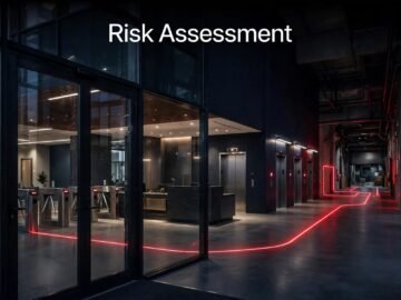 Modern office lobby with turnstiles, elevators, and a red access-control line.