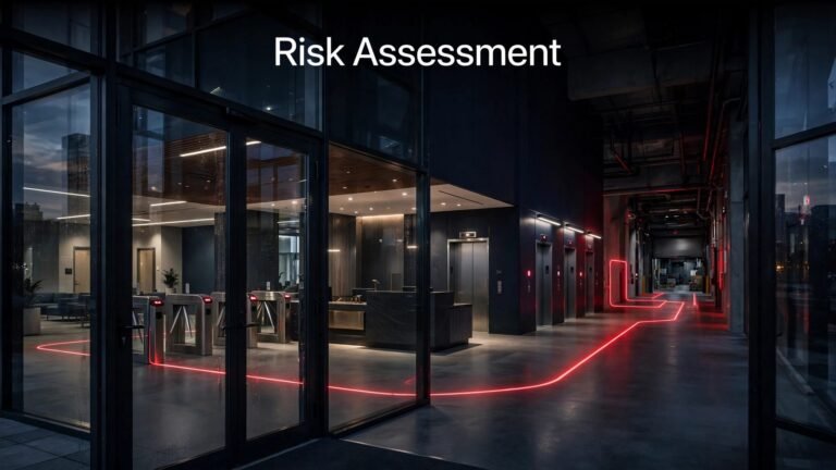 Modern office lobby with turnstiles, elevators, and a red access-control line.
