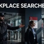 Security guard points to a bag-search sign beside an employee in a modern reception.