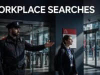 Security guard points to a bag-search sign beside an employee in a modern reception.