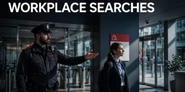Security guard points to a bag-search sign beside an employee in a modern reception.