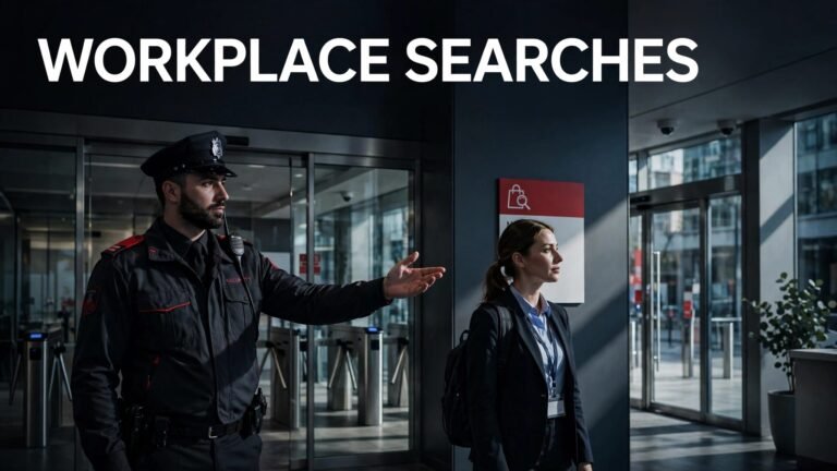 Security guard points to a bag-search sign beside an employee in a modern reception.